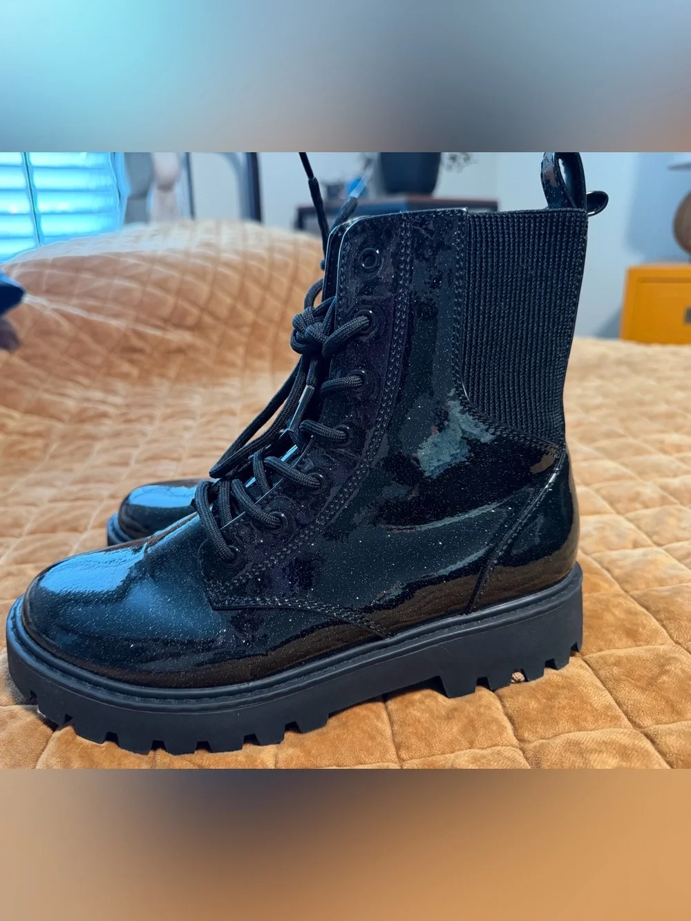 art class Black Glossy glitter Combat-Style Kids Boots